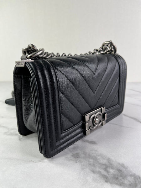 CHANEL Black Caviar Chevron Quilted Small Boy Flap Crossbody/Shoulder Bag