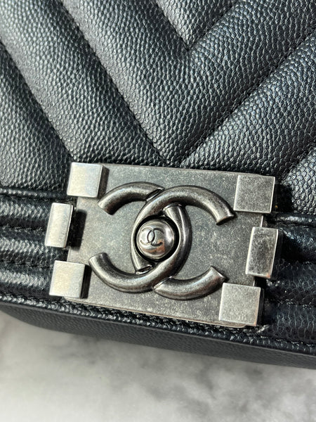 CHANEL Black Caviar Chevron Quilted Small Boy Flap Crossbody/Shoulder Bag