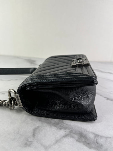 CHANEL Black Caviar Chevron Quilted Small Boy Flap Crossbody/Shoulder Bag