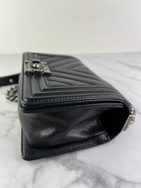 CHANEL Black Caviar Chevron Quilted Small Boy Flap Crossbody/Shoulder Bag
