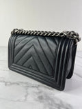 CHANEL Black Caviar Chevron Quilted Small Boy Flap Crossbody/Shoulder Bag