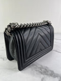 CHANEL Black Caviar Chevron Quilted Small Boy Flap Crossbody/Shoulder Bag