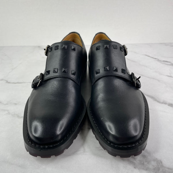 VALENTINO Men’s Black Leather Rockstud Double Monk Strap Dress Shoes Size 41 (fits US 8)