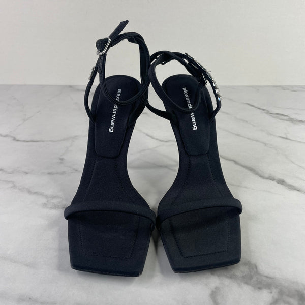 ALEXANDER WANG Black Julie Logo Crystal Letters Lycra Sandals Size 35.5