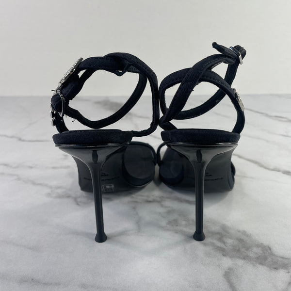 ALEXANDER WANG Black Julie Logo Crystal Letters Lycra Sandals Size 35.5