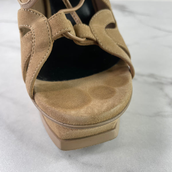 Saint Laurent Chamois (Tan) Tribute 16 Cutout Suede Lace-up Platform Sandals Size 36