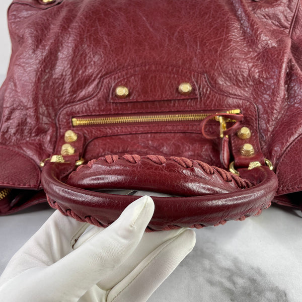 BALENCIAGA Rouge Cherry Agneau Giant 12 Gold Hardware Velo Crossbody/Shoulder Bag