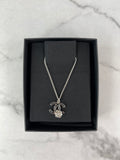 CHANEL SILVER/BLACK CC LOGO CAMELLIA NECKLACE