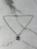 CHANEL SILVER/BLACK CC LOGO CAMELLIA NECKLACE