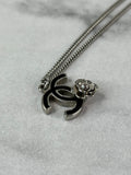CHANEL SILVER/BLACK CC LOGO CAMELLIA NECKLACE