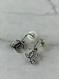 CHANEL SILVER/BLACK CC LOGO CAMELLIA Earrings