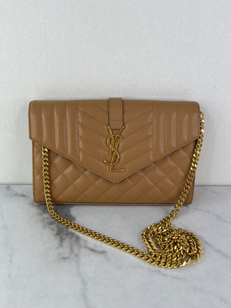 Saint Laurent Dune Grain De Poudre Mixed Matelasse Triquilt Monogram Chain Wallet Crossbody/Shoulder Bag