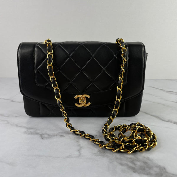 CHANEL Black Vintage Lambskin Quilted Small Diana Flap Bag