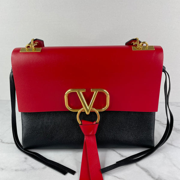 Valentino Black/Red Leather VRing Flap Shoulder Bag