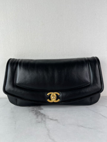 CHANEL CC BLACK SHINY LAMBSKIN PUFFY PILLOW JUMBO CLUTCH
