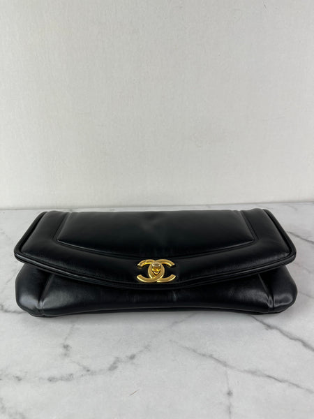 CHANEL CC BLACK SHINY LAMBSKIN PUFFY PILLOW JUMBO CLUTCH