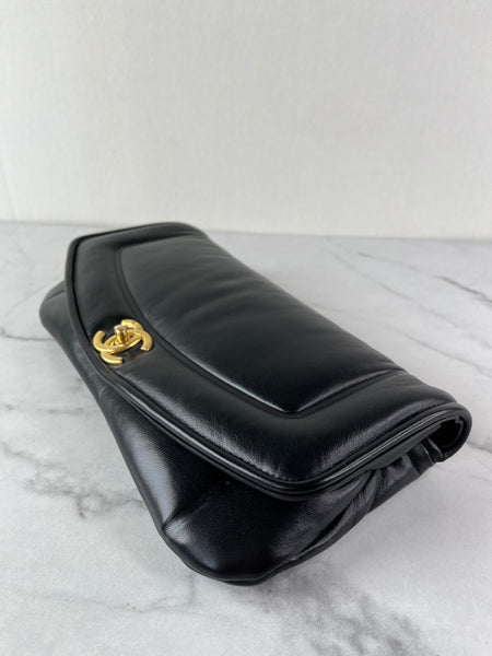 CHANEL CC BLACK SHINY LAMBSKIN PUFFY PILLOW JUMBO CLUTCH