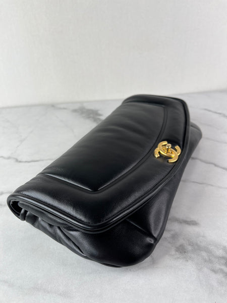 CHANEL CC BLACK SHINY LAMBSKIN PUFFY PILLOW JUMBO CLUTCH