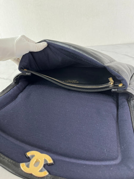 CHANEL CC BLACK SHINY LAMBSKIN PUFFY PILLOW JUMBO CLUTCH