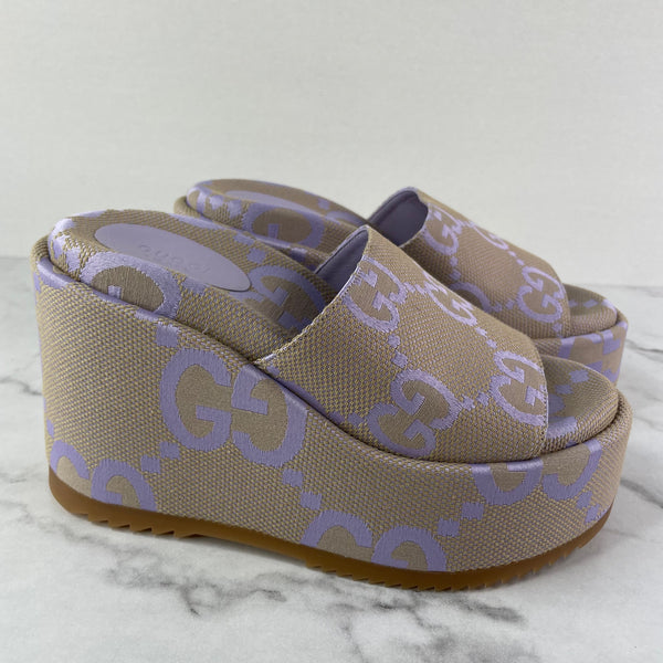 GUCCI Beige Lapis (light purple) Monogram Jumbo GG Platform Slide Wedge Sandals Size 37.5