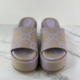 GUCCI Beige Lapis (light purple) Monogram Jumbo GG Platform Slide Wedge Sandals Size 37.5