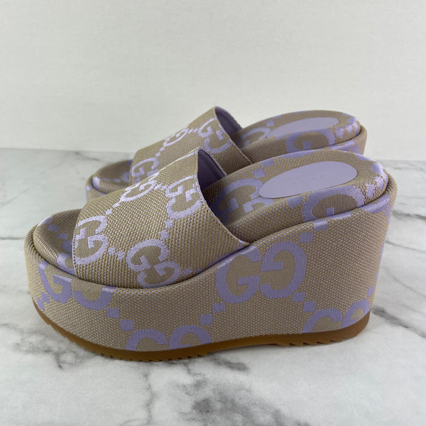 GUCCI Beige Lapis (light purple) Monogram Jumbo GG Platform Slide Wedge Sandals Size 37.5