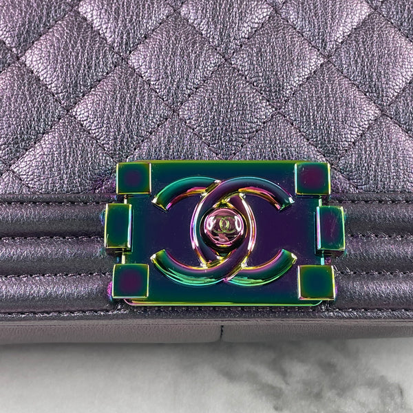 CHANEL Purple Iridescent Goatskin Quilted Old Medium Boy Flap