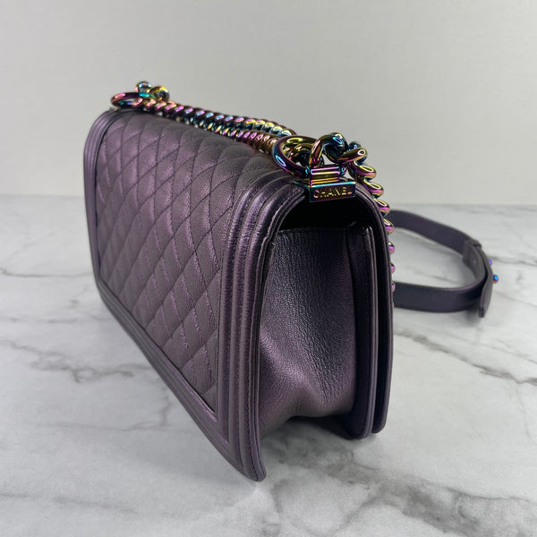 CHANEL Purple Iridescent Goatskin Quilted Old Medium Boy Flap
