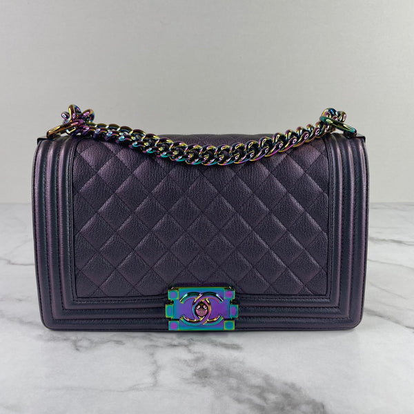CHANEL Purple Iridescent Goatskin Quilted Old Medium Boy Flap