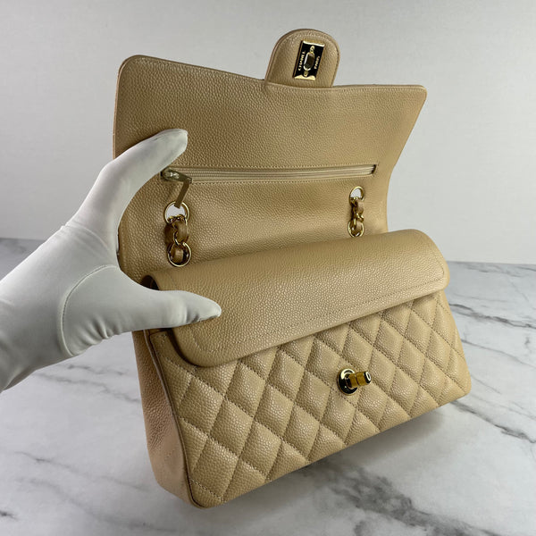 CHANEL Light Beige Caviar Quilted Medium Double Flap Bag