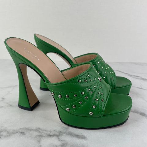 GUCCI GG Green Studded Leather Mules Size 37