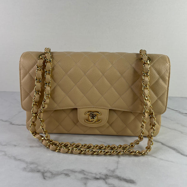 CHANEL Light Beige Caviar Quilted Medium Double Flap Bag