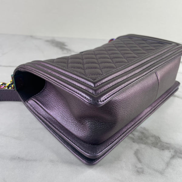 CHANEL Purple Iridescent Goatskin Quilted Old Medium Boy Flap