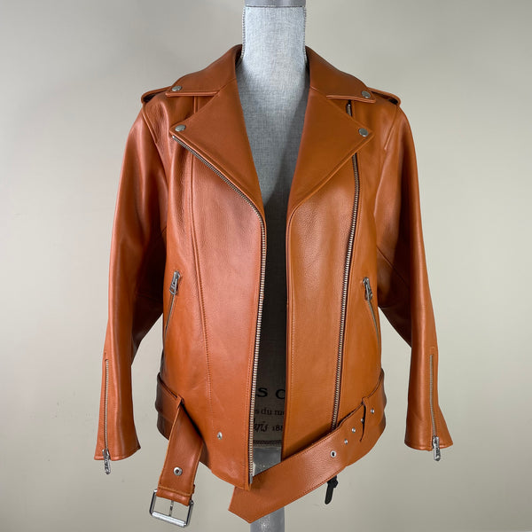 MACKAGE Cognac Jayda Leather Oversized Biker Jacket Size XS