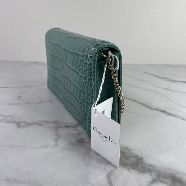 Christian Dior Vert LADY DIOR Alligator Pouch Wallet on Chain/Crossbody Bag