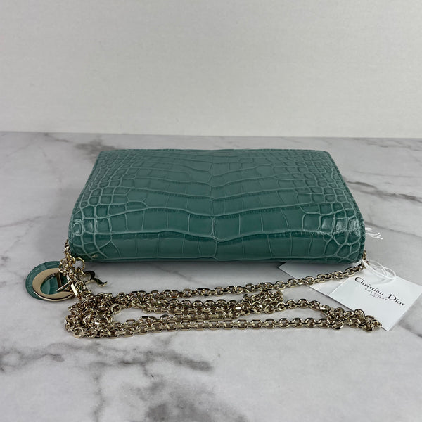 Christian Dior Vert LADY DIOR Alligator Pouch Wallet on Chain/Crossbody Bag