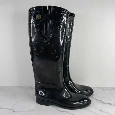 Louis Vuitton Black Monogram Rubber Rain Boots Size 38