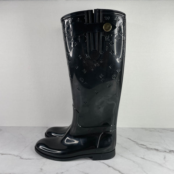 Louis Vuitton Black Monogram Rubber Rain Boots Size 38