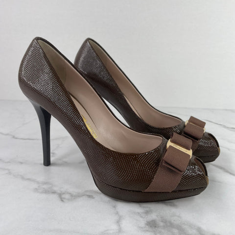 Ferragamo Dark Brown Lizard Embossed Peep Toe Pumps Size 8.5