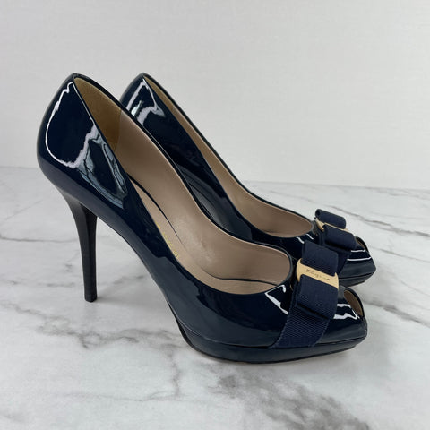 Ferragamo Dark Blue Patent Peep Toe Pumps Size 8.5