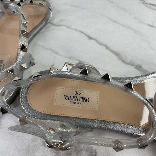 Valentino Silver Glitter PVC Rockstud Sandals Size 41