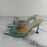 MACH & MACH Powder Blue Double Bow Crystal-Embellished Satin Mules Size 38.5
