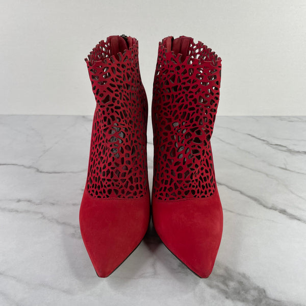 Jimmy Choo Maurice 100 Red Nubuck Suede Laser Perforated Suede Booties Size 40