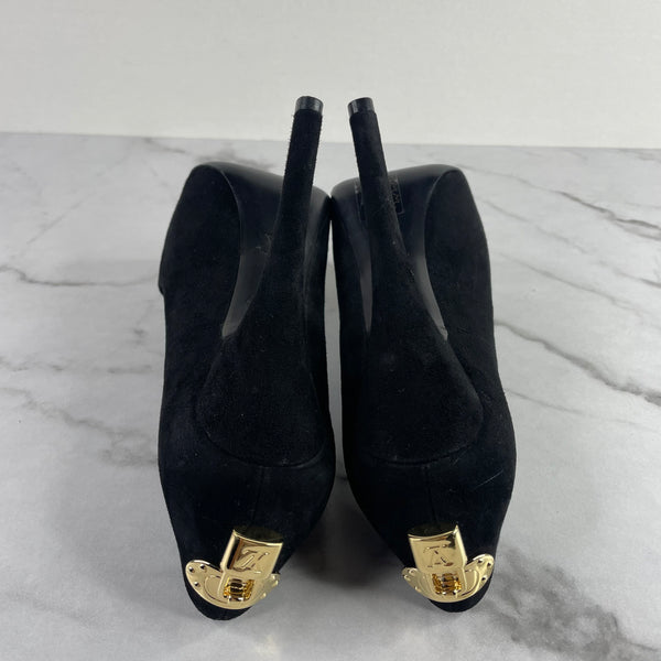 Louis Vuitton Black Suede Oh Really! Lock Peep Toe Platform Pumps Size 35.5