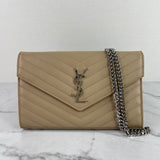 Saint Laurent Dark Beige CASSANDRE MATELASSÉ CHAIN WALLET IN GRAIN DE POUDRE EMBOSSED LEATHER