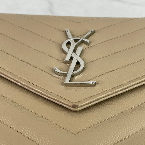 Saint Laurent Dark Beige CASSANDRE MATELASSÉ CHAIN WALLET IN GRAIN DE POUDRE EMBOSSED LEATHER