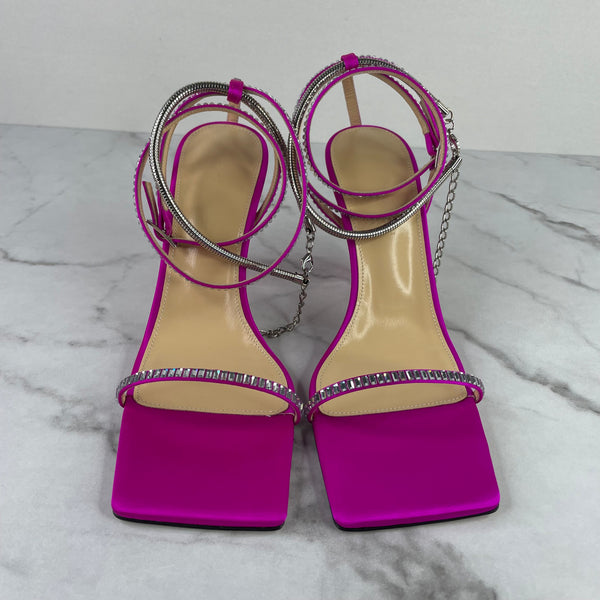 MACH & MACH Fuchsia Crystal-Embellished Satin Heart Shaped Sandals Size 38