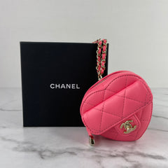CHANEL Pink Lambskin Quilted CC In Love Heart Coin Purse With Chain/Ne