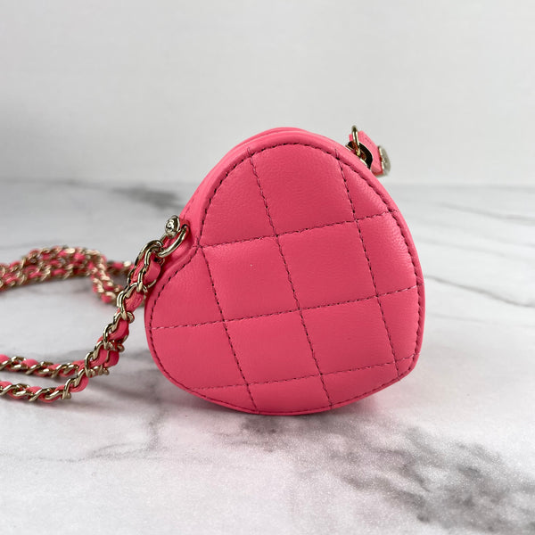 CHANEL Pink Lambskin Quilted CC In Love Heart Coin Purse With Chain/Necklace