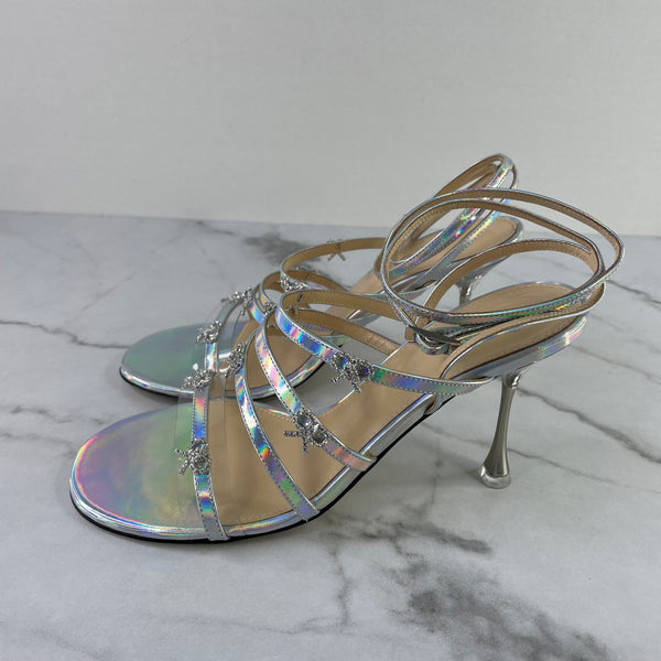 MACH & MACH Silver Iridescent Camille Bow Caged Sandals Size 38.5